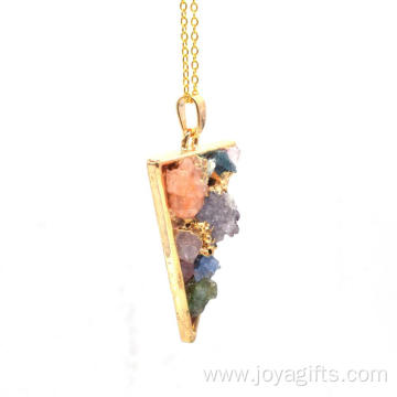 Crystal Point Pendant Triangle Gold & Colourful Chip Necklace